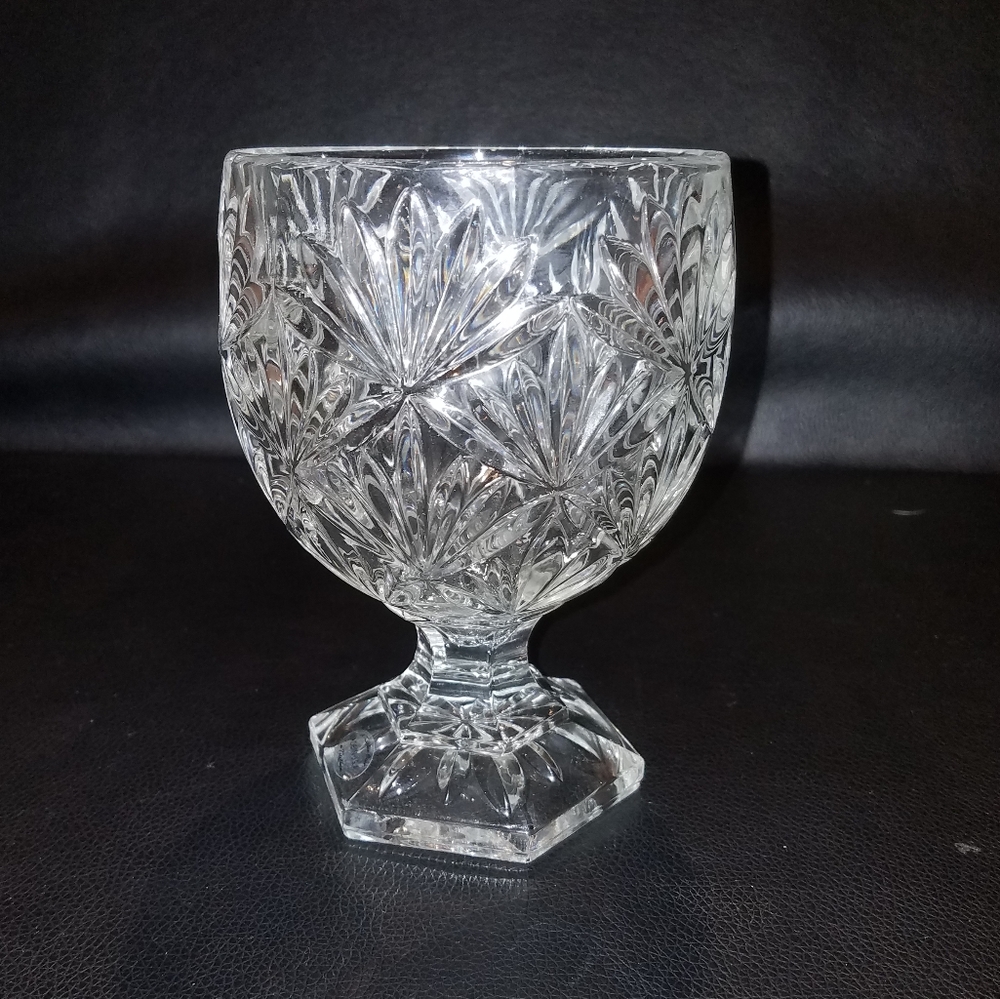 Vintage Teleflora Clear Crystal Cut Pedestal Glass Goblet Vase Starburst